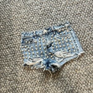 Boom Boom Jeans‎ Acid Washed Pearl Detailed Denim Shorts Size 1